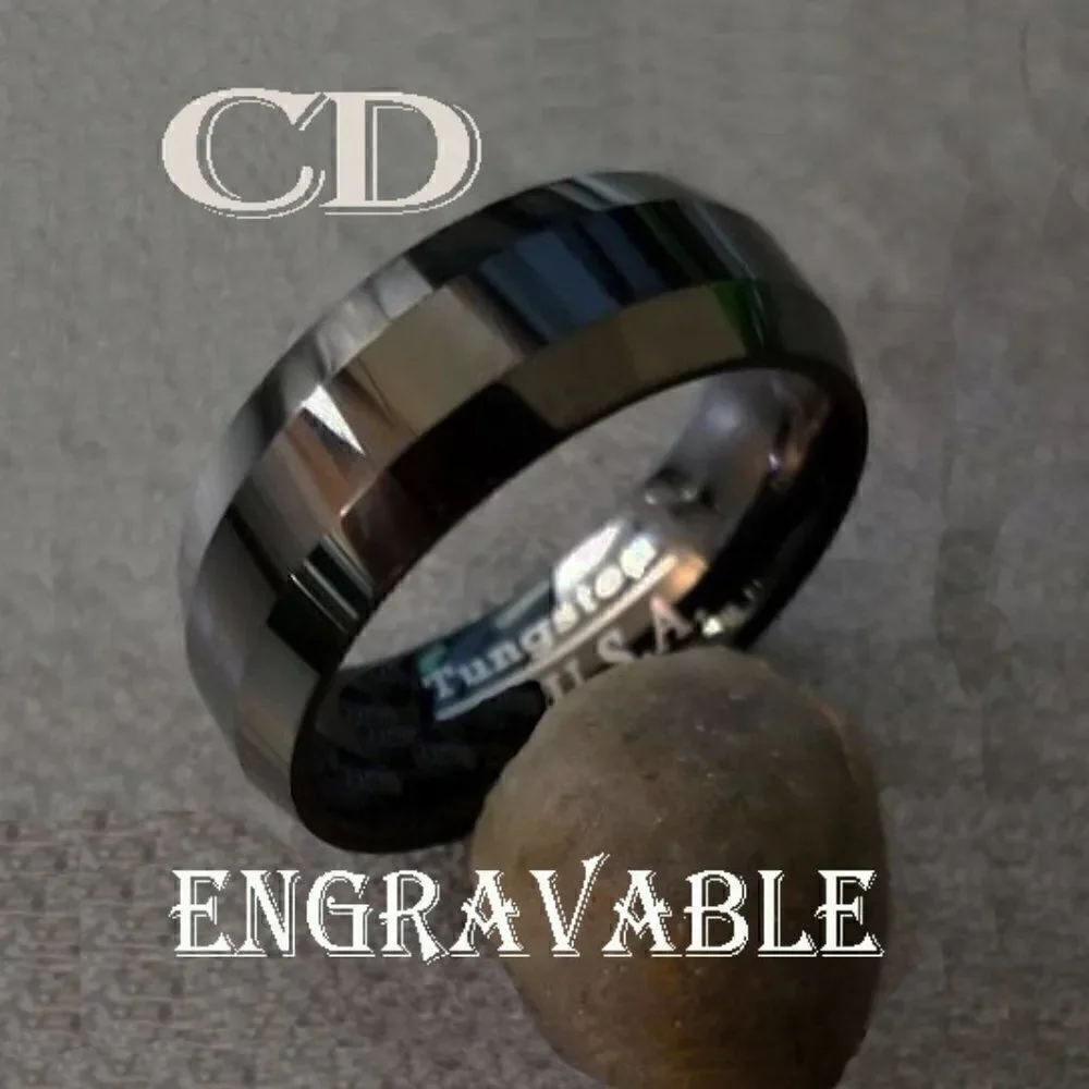 Personalized Men's Real Black Tungsten Wedding Ring - Step edges